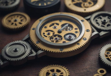 Old watch mechanism in the dark. Clock hands as symbol of time management.の素材