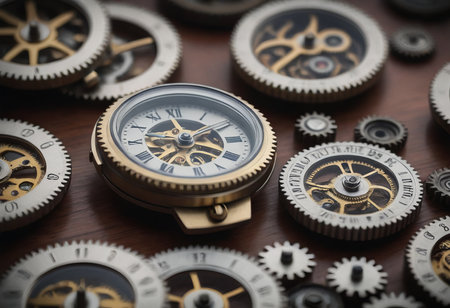 Old watch mechanism in the dark. Clock hands as symbol of time management.の素材