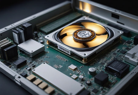 Modern CPU processor installed on a brand new motherboard, object detail, extreme closeup, nobody. Simple generic powerful high end gaming CPU up close, desktop PC up close, parts, components upgradeの素材