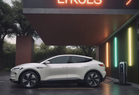Refueling of e-mobility vehicles. Charging an electric car. New generation electric-powered carsの素材