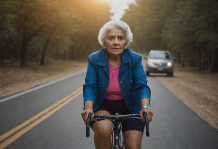 An elderly female cyclist riding a bicycle. An active elderly grandmother enjoying a healthy lifestyle and freedom.の素材