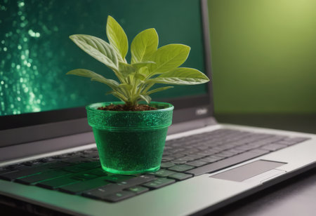 Plant growing from the laptop keyboard. Ecology and environment concept.の素材