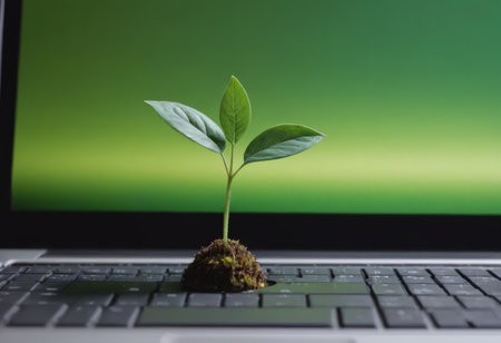Plant growing from the laptop keyboard. Ecology and environment concept.の素材