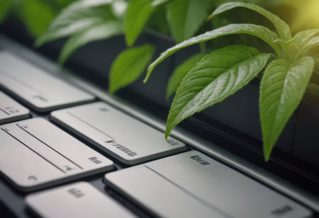 Plant growing from the laptop keyboard. Ecology and environment concept.の素材