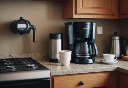 A black drip electric coffee machine with a glass teapot brews a morning drink. Household appliances, a white cup and a jar of beans on the kitchen table on the countertop at home.の素材