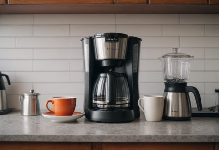 A black drip electric coffee machine with a glass teapot brews a morning drink. Household appliances, a white cup and a jar of beans on the kitchen table on the countertop at home.の素材