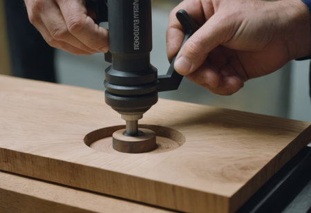 A skilled craftsman using various tools and equipment to create art with dedication. Well-lit workshop, surrounded by materials. Illustrating craftsmanship and hard work.の素材