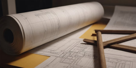 Paper architectural drawings and blueprint.の素材