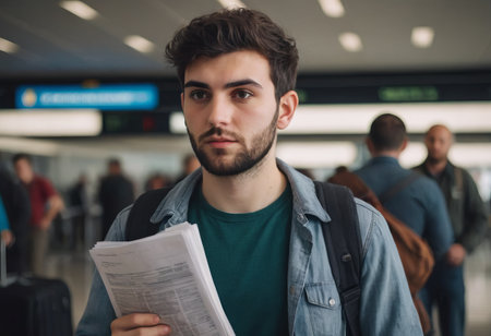 Young traveler at airport departure terminal, looking at flight info screens, wearing casual outfit, about to embark on new journey, full of excitement and anticipation.の素材
