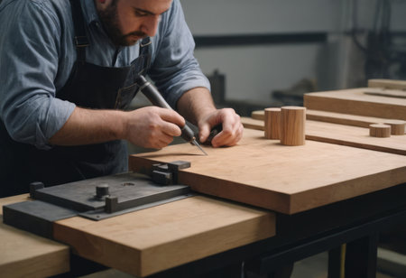 A skilled craftsman using various tools and equipment to create art with dedication. Well-lit workshop, surrounded by materials. Illustrating craftsmanship and hard work.の素材