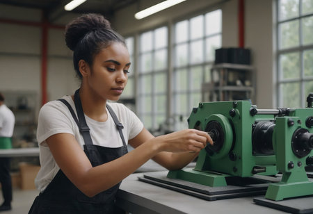 a full-time female employee works on a machine. Lathe engineer. A modern woman is a factory worker. smart female workers in the workplace in industryの素材
