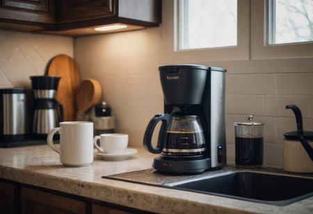 A black drip electric coffee machine with a glass teapot brews a morning drink. Household appliances, a white cup and a jar of beans on the kitchen table on the countertop at home.の素材