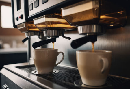Freshly brewed coffee flows from an espresso machine into two white and green ceramic cups. The machine is made of black plastic and metal and has a shiny silver portafilter.の素材