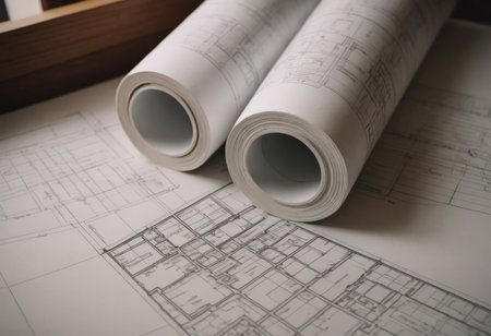 Paper architectural drawings and blueprint.の素材