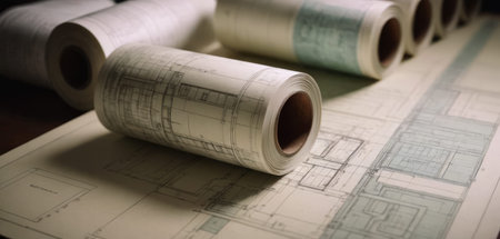 Paper architectural drawings and blueprint.の素材