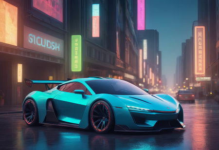 Tuned Sport Car, cyberpunk Retro Sports Car On Neon Highway. Powerful acceleration of a supercar on a night track with colorful lights and trails.の素材