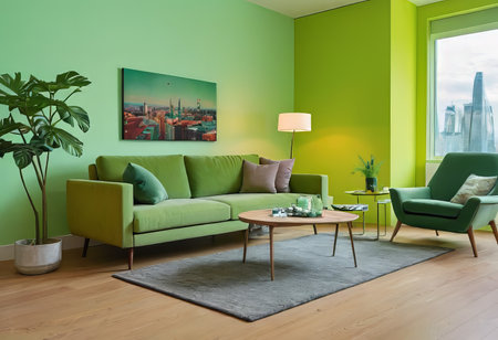 A luxurious living room with a green sofa and decor, light green walls, decor in a greenish color.の素材