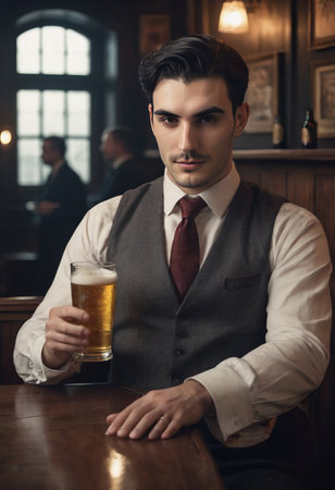 Caucasian office man sitting at bartender counter alone drinking alcohol in rooftop bar after work, lonely young white businessman holding glass of alcohol in nightclub bar, nightlife conceptの素材