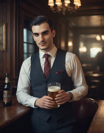 Caucasian office man sitting at bartender counter alone drinking alcohol in rooftop bar after work, lonely young white businessman holding glass of alcohol in nightclub bar, nightlife conceptの素材