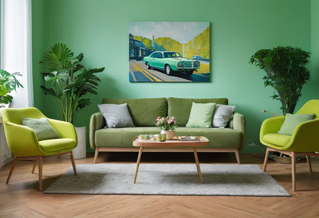 A luxurious living room with a green sofa and decor, light green walls, decor in a greenish color.の素材