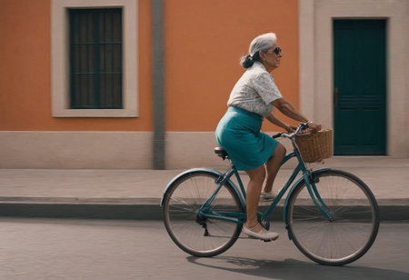 An elderly female cyclist riding a bicycle. An active elderly grandmother enjoying a healthy lifestyle and freedom.の素材