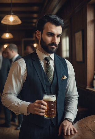 Caucasian office man sitting at bartender counter alone drinking alcohol in rooftop bar after work, lonely young white businessman holding glass of alcohol in nightclub bar, nightlife conceptの素材