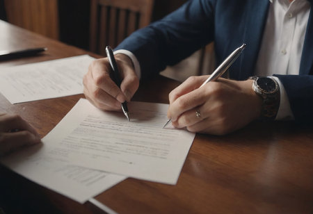 Solicitor pointing at insurance contract showing male client where to write signature sign sale purchase employment agreement at meeting make financial business deal, bank loan service, close up viewの素材