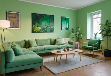 A luxurious living room with a green sofa and decor, light green walls, decor in a greenish color.の素材