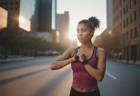 Foto de An attractive beautiful woman in sportswear, doing sports on the city streets. A fit woman jogging outdoors. Morning workout. The concept of a healthy and active lifestyle - Imagen libre de derechos