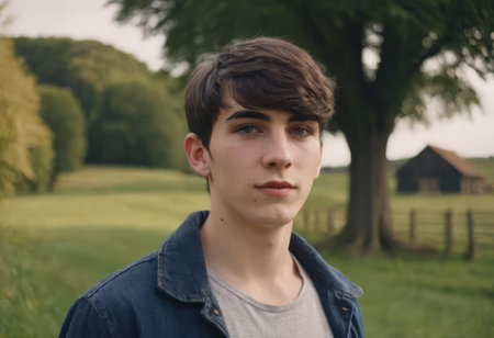 Portrait of a young male farmer, a young man, against the background of farmland.の素材