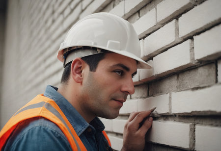 Worker puts a white brick on a construction siteの素材