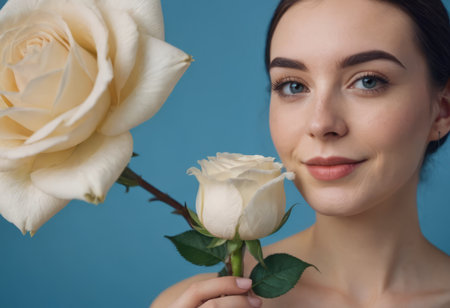 Portrait of a beautiful sensual woman with a white flower, looking tenderly at the camera on a light background. Spa concept, women's health, spa treatments and cosmetics.の素材