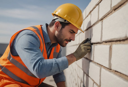 Worker puts a white brick on a construction siteの素材