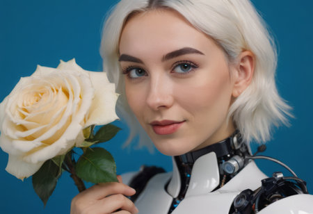 Portrait of a beautiful sensual woman with a white flower, looking tenderly at the camera on a light background. Spa concept, women's health, spa treatments and cosmetics.の素材