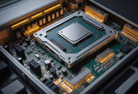Modern CPU processor installed on a brand new motherboard, object detail, extreme closeup, nobody. Simple generic powerful high end gaming CPU up close, desktop PC up close, parts, components upgradeの素材