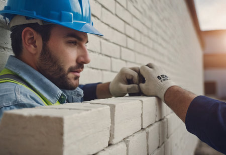 Worker puts a white brick on a construction siteの素材