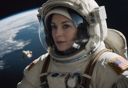 Portrait of an astronaut, a girl in a spacesuit, close-upの素材