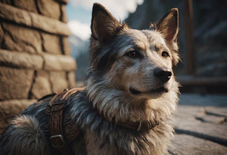 A dog, a stray. A large wolf-like animal surrounded by wild natureの素材