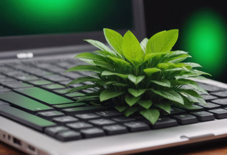 Plant growing from the laptop keyboard. Ecology and environment concept.の素材