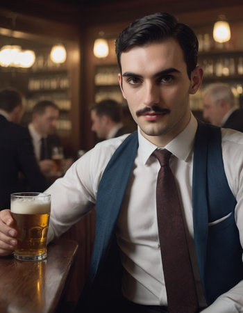 Caucasian office man sitting at bartender counter alone drinking alcohol in rooftop bar after work, lonely young white businessman holding glass of alcohol in nightclub bar, nightlife conceptの素材