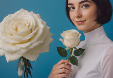 Portrait of a beautiful sensual woman with a white flower, looking tenderly at the camera on a light background. Spa concept, women's health, spa treatments and cosmetics.の素材