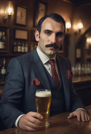 Caucasian office man sitting at bartender counter alone drinking alcohol in rooftop bar after work, lonely young white businessman holding glass of alcohol in nightclub bar, nightlife conceptの素材