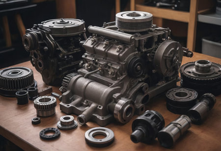 Engine valve car maintenance.The cylinder block of the four-cylinder engine. Disassembled motor vehicle for repairの素材