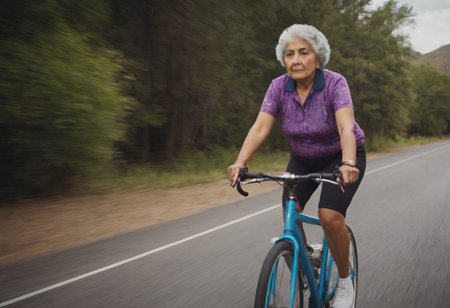 An elderly female cyclist riding a bicycle. An active elderly grandmother enjoying a healthy lifestyle and freedom.の素材