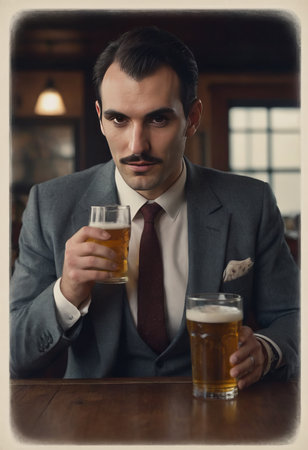 Caucasian office man sitting at bartender counter alone drinking alcohol in rooftop bar after work, lonely young white businessman holding glass of alcohol in nightclub bar, nightlife conceptの素材