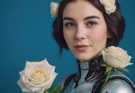 Portrait of a beautiful sensual woman with a white flower, looking tenderly at the camera on a light background. Spa concept, women's health, spa treatments and cosmetics.の素材