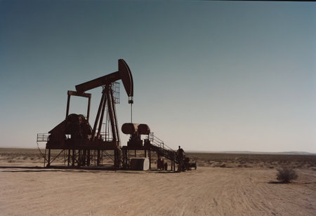 Oil and gas industry. Working oil pump jack on oil field at sunset. Industrial theme.の素材