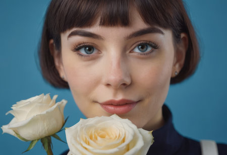 Portrait of a beautiful sensual woman with a white flower, looking tenderly at the camera on a light background. Spa concept, women's health, spa treatments and cosmetics.の素材