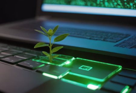 Plant growing from the laptop keyboard. Ecology and environment concept.の素材