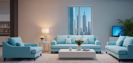 The interior of a bright room, light furniture with neon inserts, the concept of the futureの素材